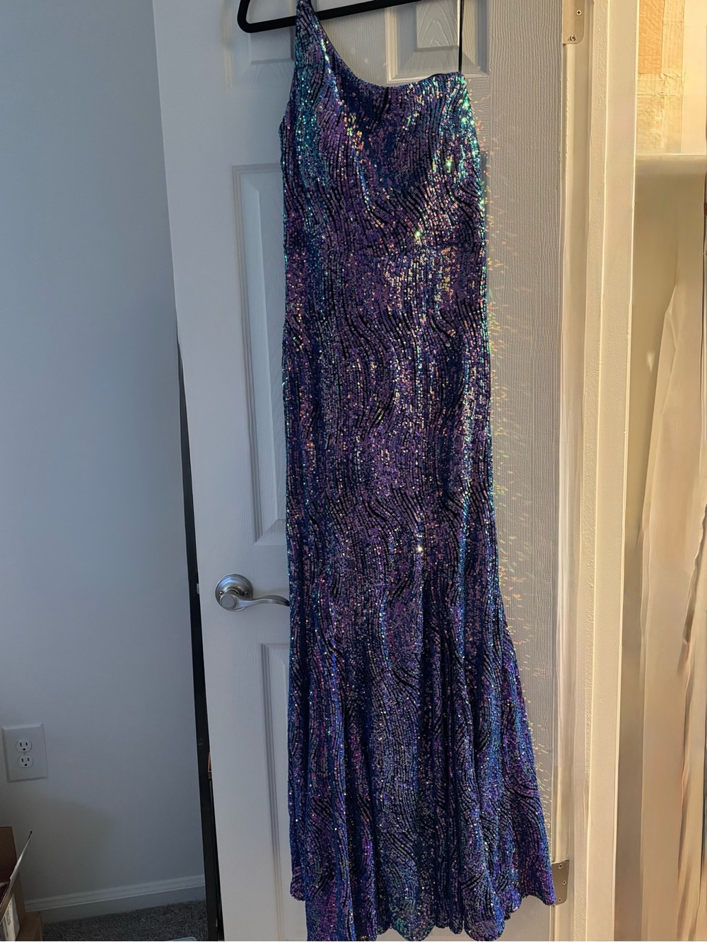Morgan & Co. Iridescent Blue-Purple One-Shoulder Sequin Dress